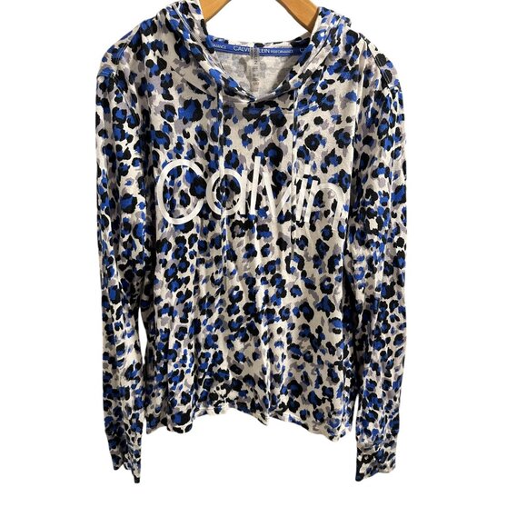 🍒 2/$20 Calvin Klein Hooded Athletic Pullover in Blue & Black Animal Print sz S - Picture 1 of 6